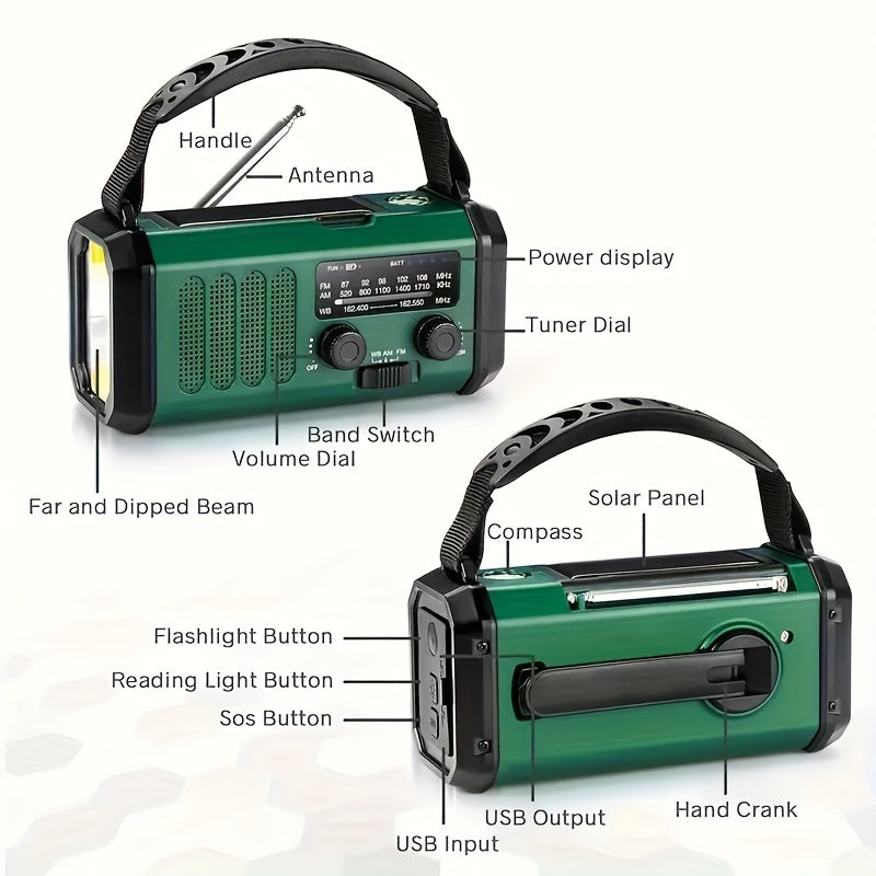 Carvallo X10 Radio awaryjne z powerbankiem 10.000 mAh | Słońce, korba i USB-C | Lampa LED, alarm SOS i kompas | AM/FM/NOAA
