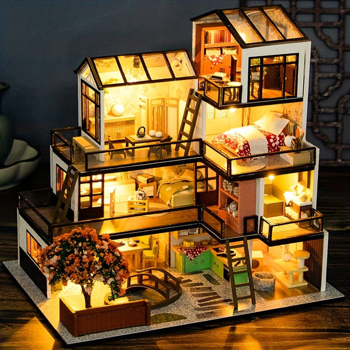 Miniaturowa Willa 3D Puzzle Kit – Ręcznie Wykonana Model z Oświetleniem LED i Szczegółowym Wnętrzem