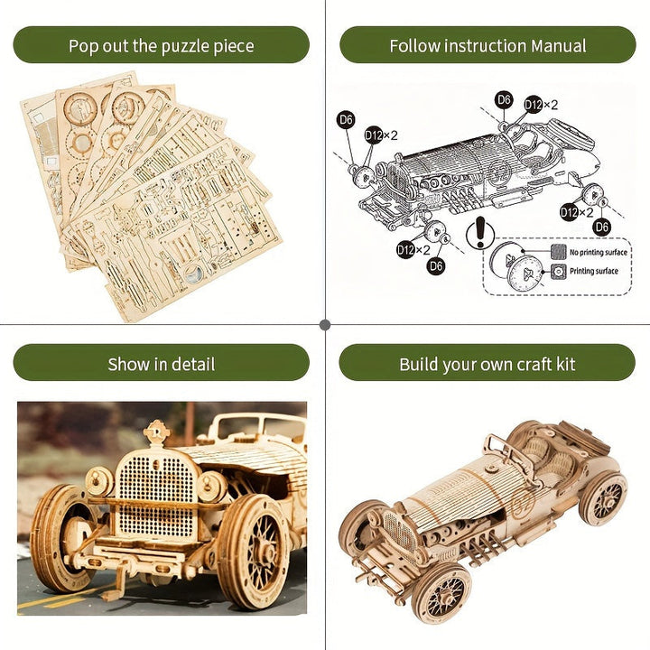 Vintage 3D Puzzel Samochód – Model Mechaniczny z Przekładniami i Szczegółowym Projektem