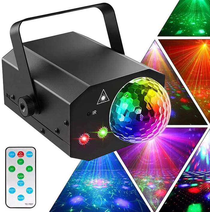 2-w-1 Laserowa Dyskotekowa Lampa – Aktywowana Dźwiękiem Stroboskop z Pilotem