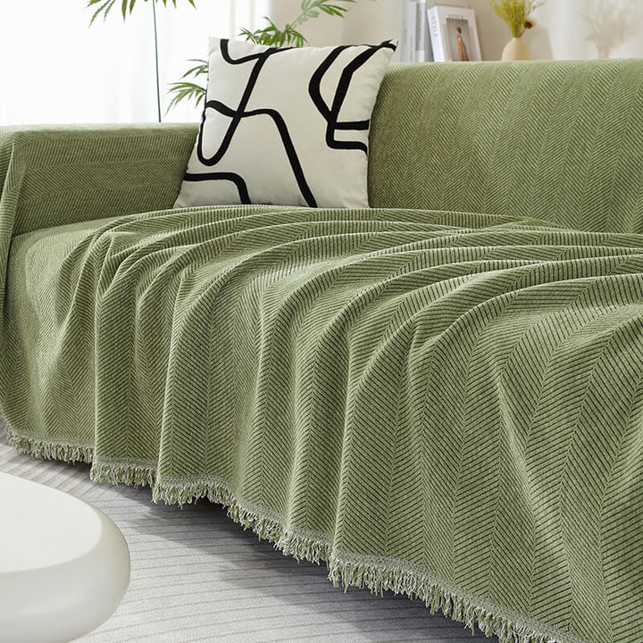 CozyWeave Pokrowiec na Sofę z Chenille – Elegancki Wzór w Rybi Ogon z Dekoracyjnymi Frędzlami