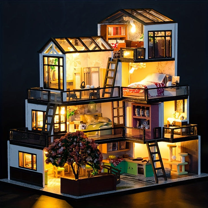 Miniaturowa Willa 3D Puzzle Kit – Ręcznie Wykonana Model z Oświetleniem LED i Szczegółowym Wnętrzem