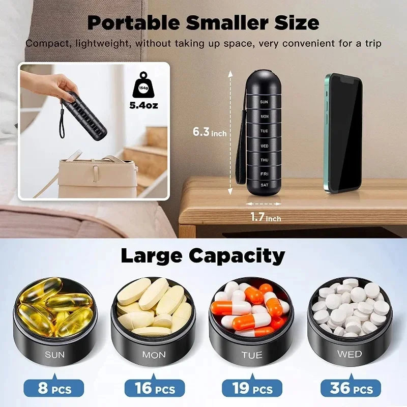 Aluminiowy 7-dniowy przenośny organizer na tabletki do podróży, pudełko na tabletki