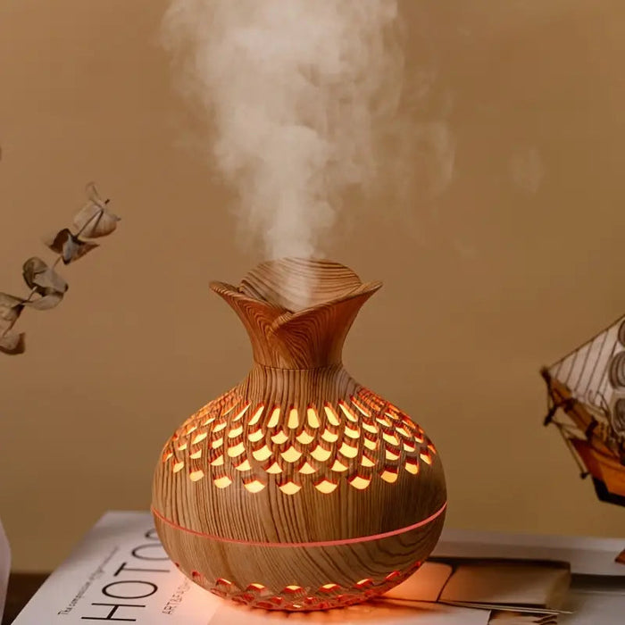 Aromaterapia - nawilżacz powietrza z LED – dyfuzor w drewnianym wyglądzie i nocna lampka