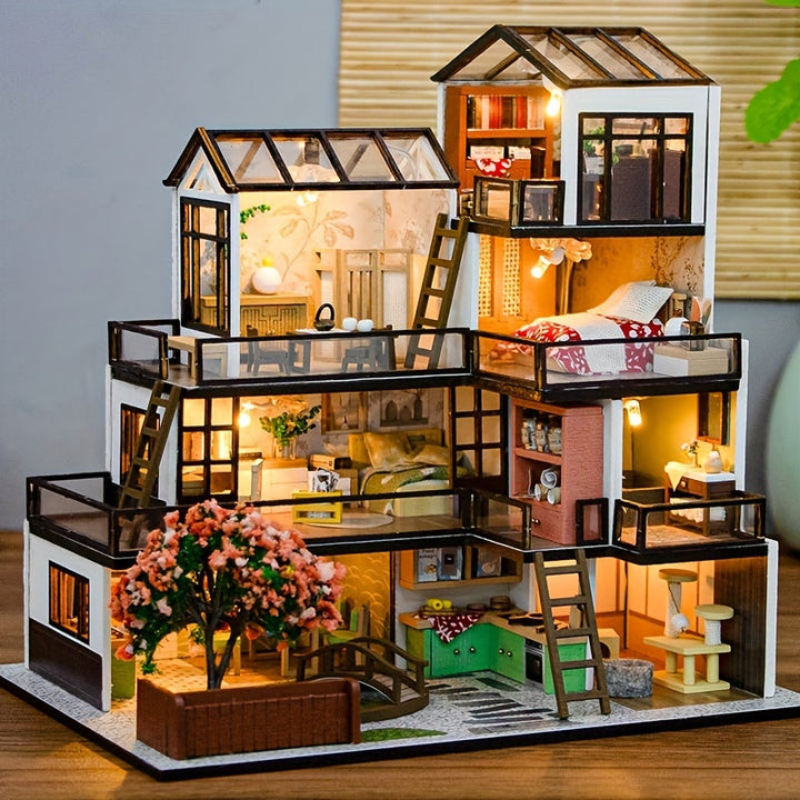 Miniaturowa Willa 3D Puzzle Kit – Ręcznie Wykonana Model z Oświetleniem LED i Szczegółowym Wnętrzem