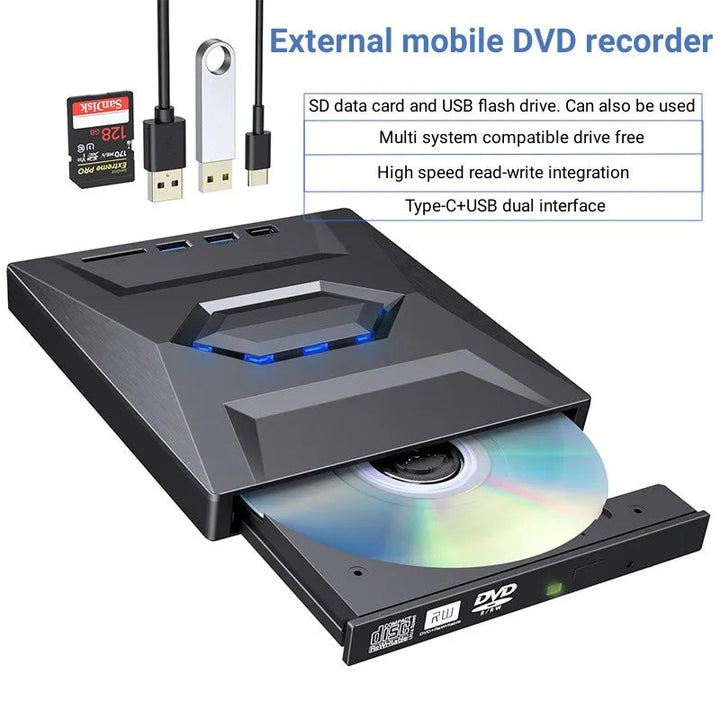 7-w-1 Zewnętrzny odtwarzacz DVD – Przenośny nagrywarka CD/DVD RW o wysokiej prędkości do transferu danych