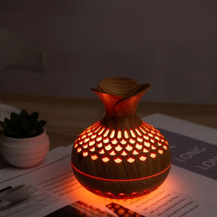 Aromaterapia - nawilżacz powietrza z LED – dyfuzor w drewnianym wyglądzie i nocna lampka