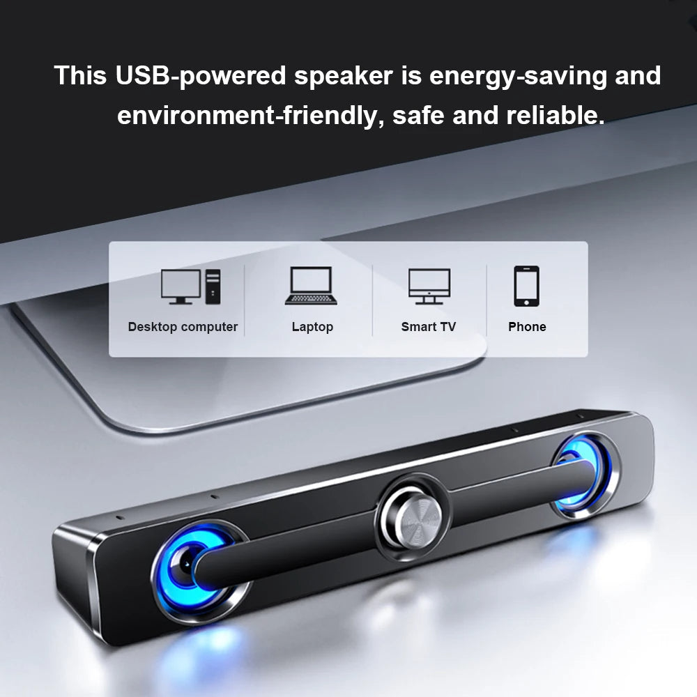 Głośnik PC Soundbar – zasilany przez USB z podświetleniem LED, z wejściem 3,5 mm do laptopa i telewizora