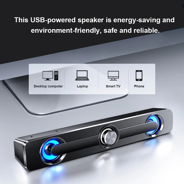 Głośnik PC Soundbar – zasilany przez USB z podświetleniem LED, z wejściem 3,5 mm do laptopa i telewizora