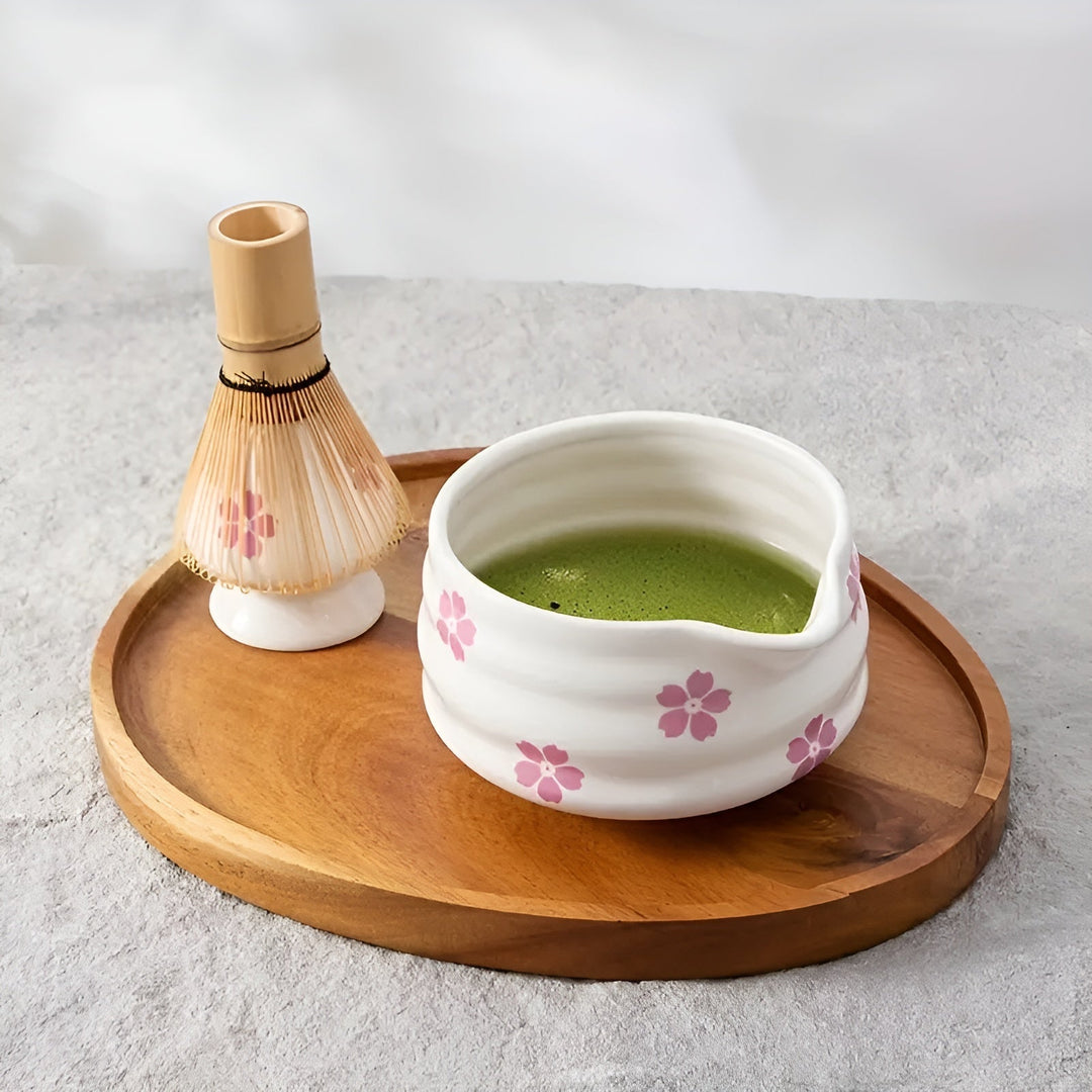 Zestaw Matcha z 5 częściami – Japońska herbata z filiżanką, bambusowym pędzlem i sitkiem.