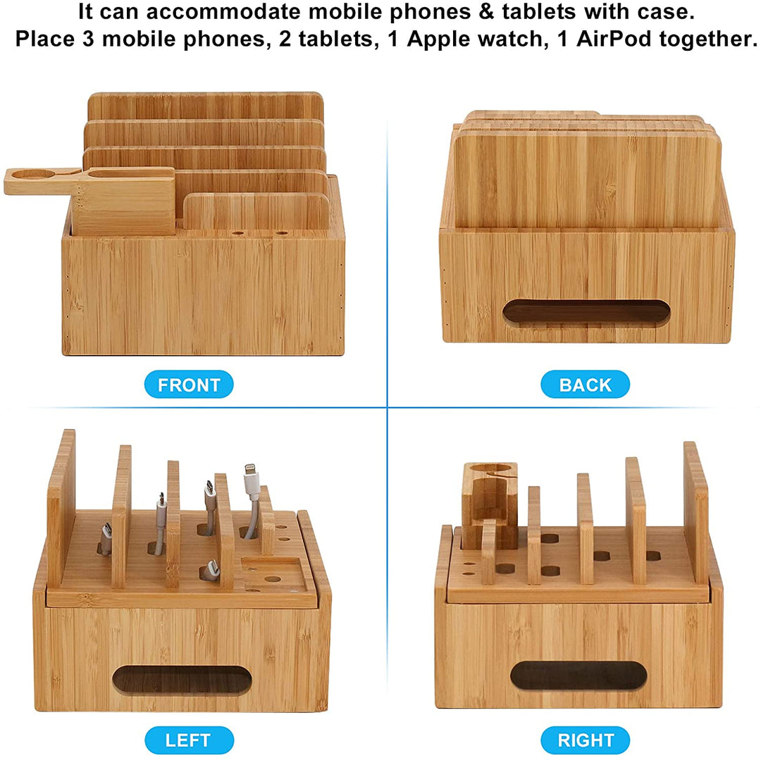 Stacja ładująca Carvallo ChargeDock z bambusa | 5-portowa USB &amp; Organizer | Dla smartfona, tabletu &amp; smartwatcha | W zestawie z kablem