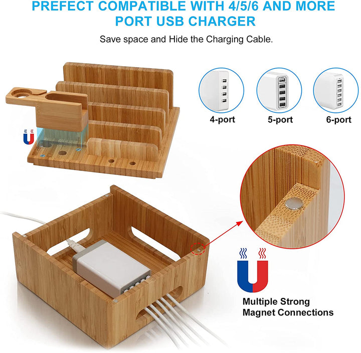 Stacja ładująca Carvallo ChargeDock z bambusa | 5-portowa USB &amp; Organizer | Dla smartfona, tabletu &amp; smartwatcha | W zestawie z kablem