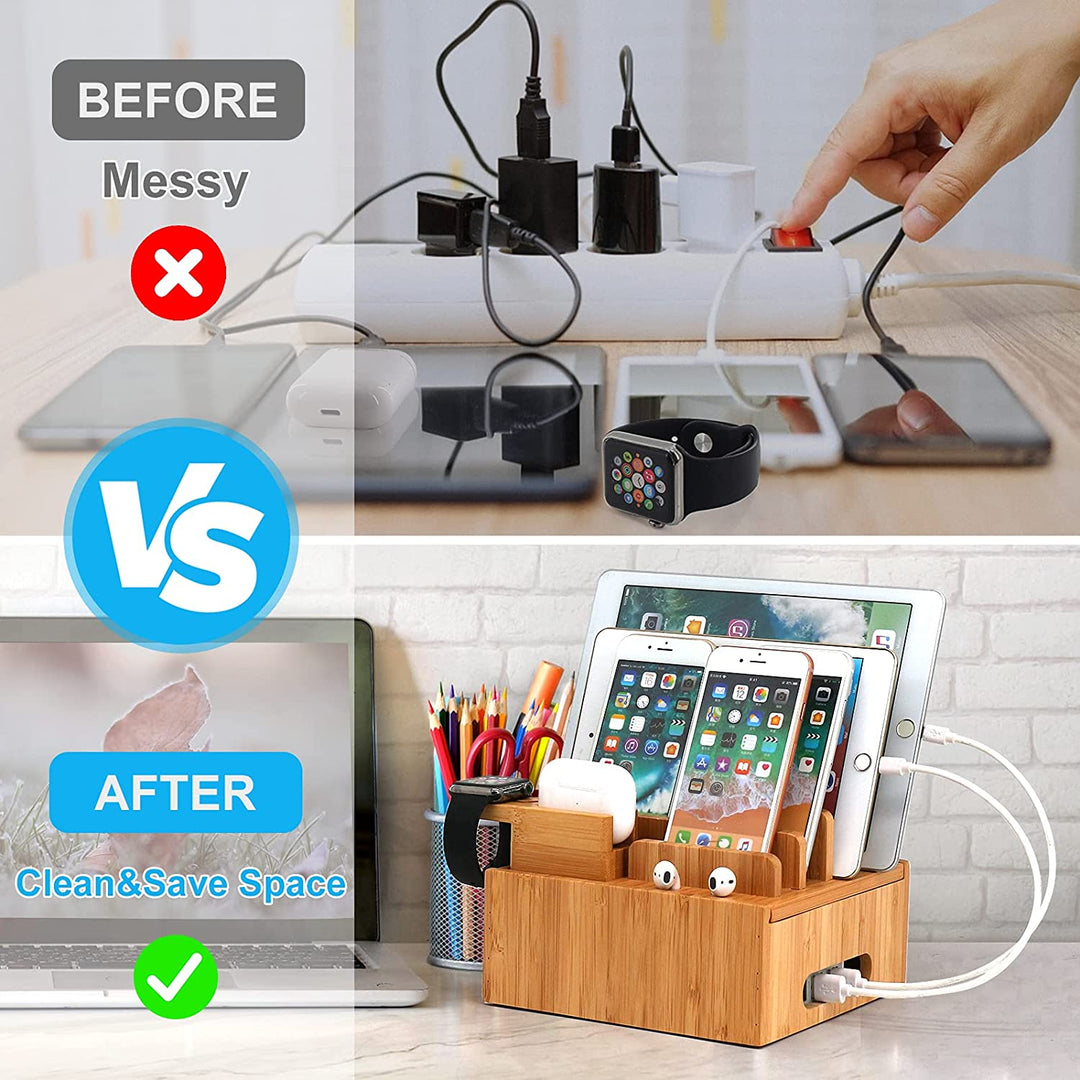 Stacja ładująca Carvallo ChargeDock z bambusa | 5-portowa USB &amp; Organizer | Dla smartfona, tabletu &amp; smartwatcha | W zestawie z kablem