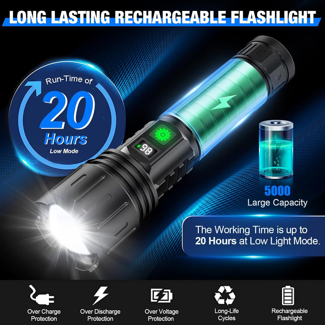 LuxRoyale 100 000 Lumen Taktczna Latarka – Ładowalna Lampa LED z Power Bankiem, Wyświetlaczem LCD i zasięgiem 3280 stóp