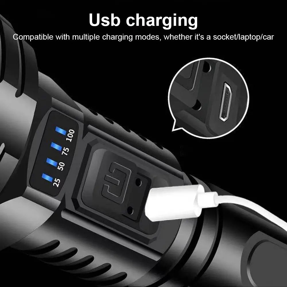 90000LM LED latarka – Taktyczna latarka z ładowaniem USB i super jasnym oświetleniem