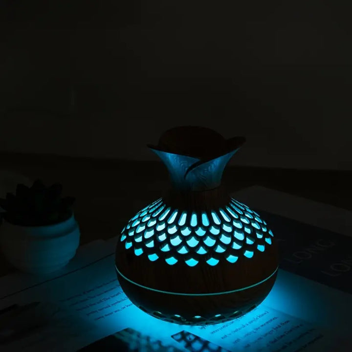 Aromaterapia - nawilżacz powietrza z LED – dyfuzor w drewnianym wyglądzie i nocna lampka