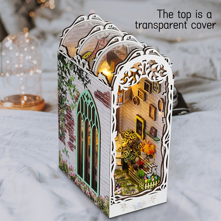 3D Drewniane Puzzle Dom – Biały Kwiatowy Dom z Oświetleniem i Pokrywą Przeciwkurzową