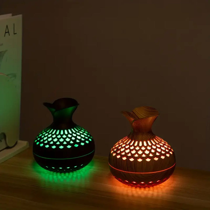 Aromaterapia - nawilżacz powietrza z LED – dyfuzor w drewnianym wyglądzie i nocna lampka