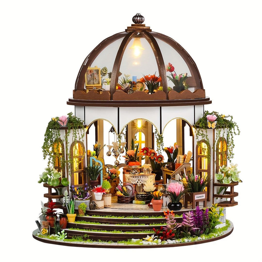 Miniaturowy Domek Kwiatowy – 3D Drewniana Układanka z Oświetleniem LED i Szczegółowym Ogrodem