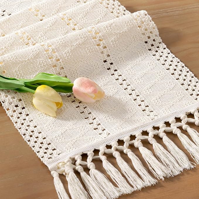 Boho Makrama Bieżnik – Rustykalna dekoracja z bawełny i lnu z frędzlami