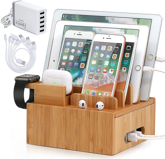 Stacja ładująca Carvallo ChargeDock z bambusa | 5-portowa USB & Organizer | Dla smartfona, tabletu & smartwatcha | W zestawie z kablem