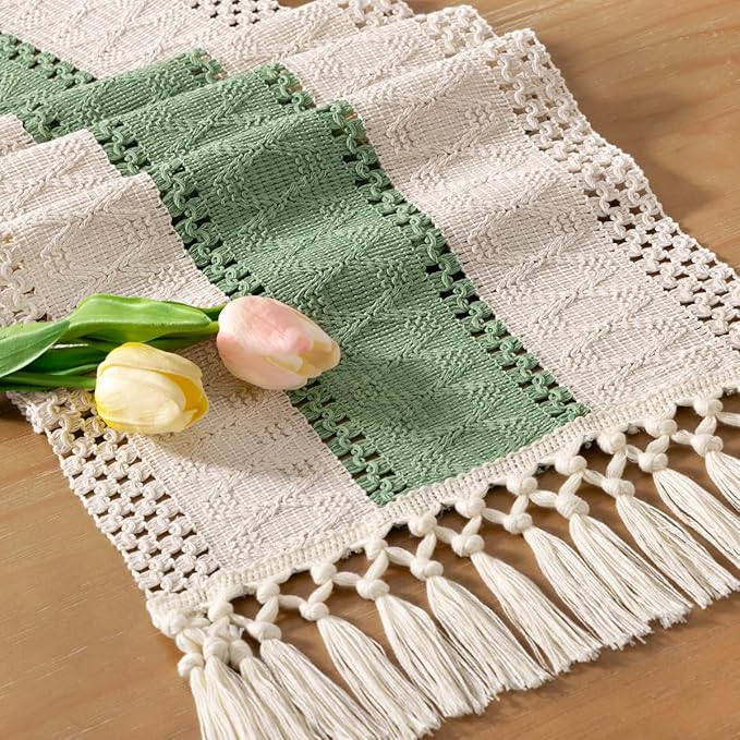 Boho Makrama Bieżnik – Rustykalna dekoracja z bawełny i lnu z frędzlami