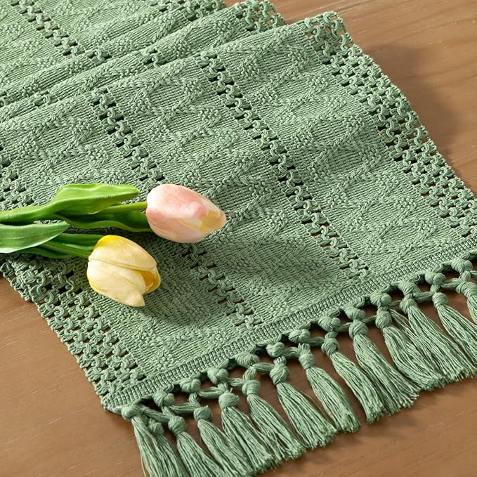 Boho Makrama Bieżnik – Rustykalna dekoracja z bawełny i lnu z frędzlami
