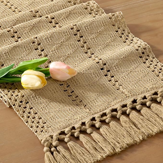 Boho Makrama Bieżnik – Rustykalna dekoracja z bawełny i lnu z frędzlami