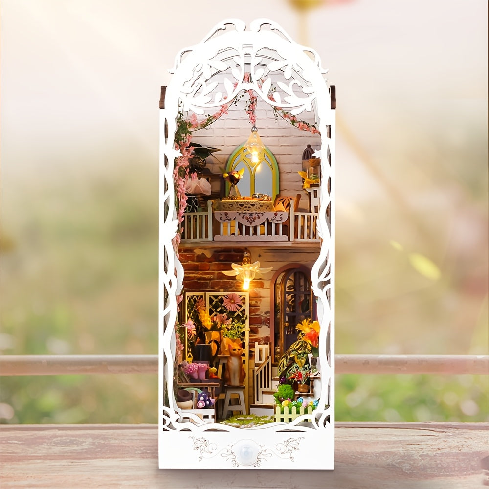 3D Drewniane Puzzle Dom – Biały Kwiatowy Dom z Oświetleniem i Pokrywą Przeciwkurzową