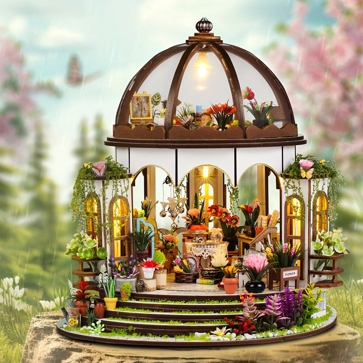 Miniaturowy Domek Kwiatowy – 3D Drewniana Układanka z Oświetleniem LED i Szczegółowym Ogrodem