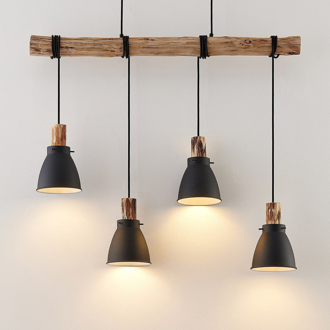 Lampa wisząca z rustykalnego drewna i czarnego metalu