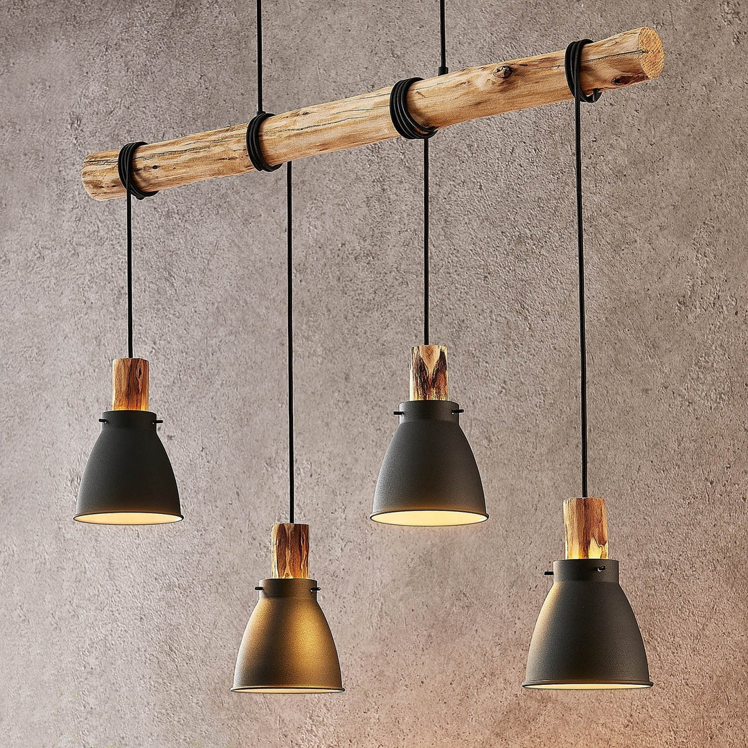 Lampa wisząca z rustykalnego drewna i czarnego metalu