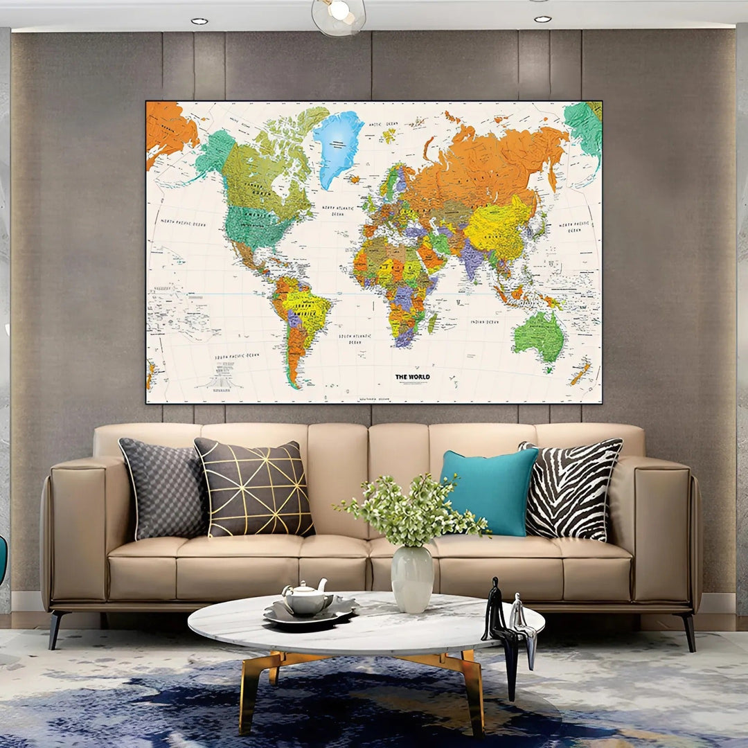 Duża Mapa Świata Plakat na Płótnie – 225x150cm Dekoracja Ścienna