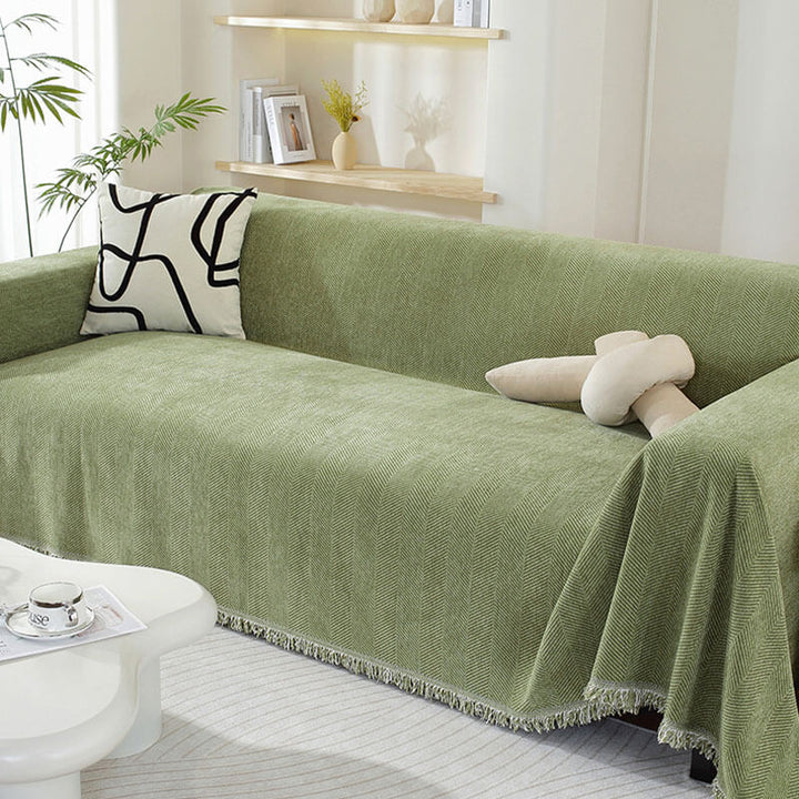 CozyWeave Pokrowiec na Sofę z Chenille – Elegancki Wzór w Rybi Ogon z Dekoracyjnymi Frędzlami