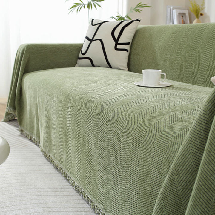 CozyWeave Pokrowiec na Sofę z Chenille – Elegancki Wzór w Rybi Ogon z Dekoracyjnymi Frędzlami