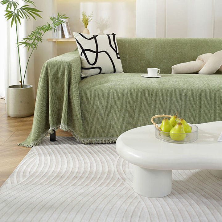 CozyWeave Pokrowiec na Sofę z Chenille – Elegancki Wzór w Rybi Ogon z Dekoracyjnymi Frędzlami