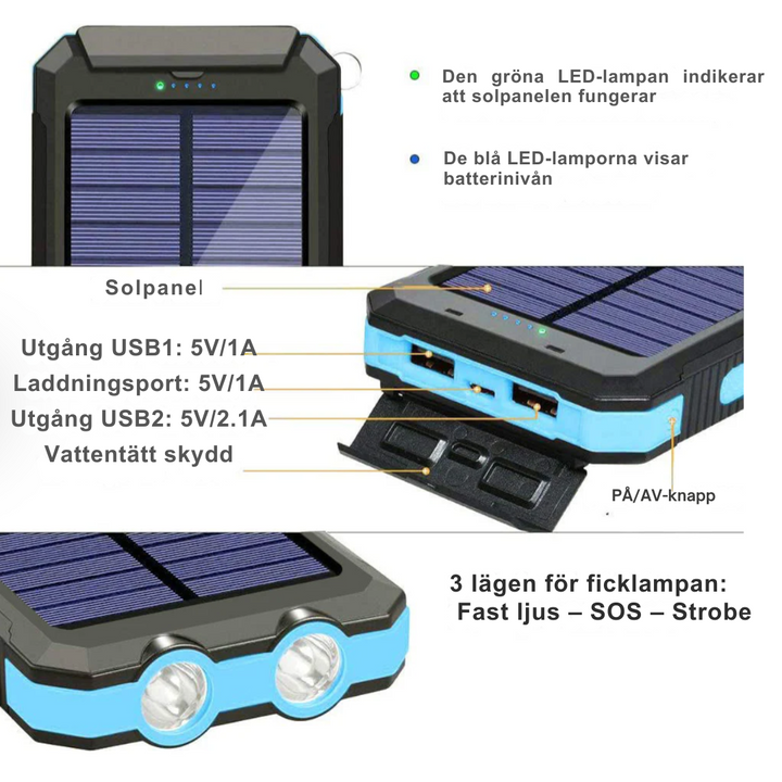 Powerbank solarny z podwójnym ładowaniem (USB i energia słoneczna)