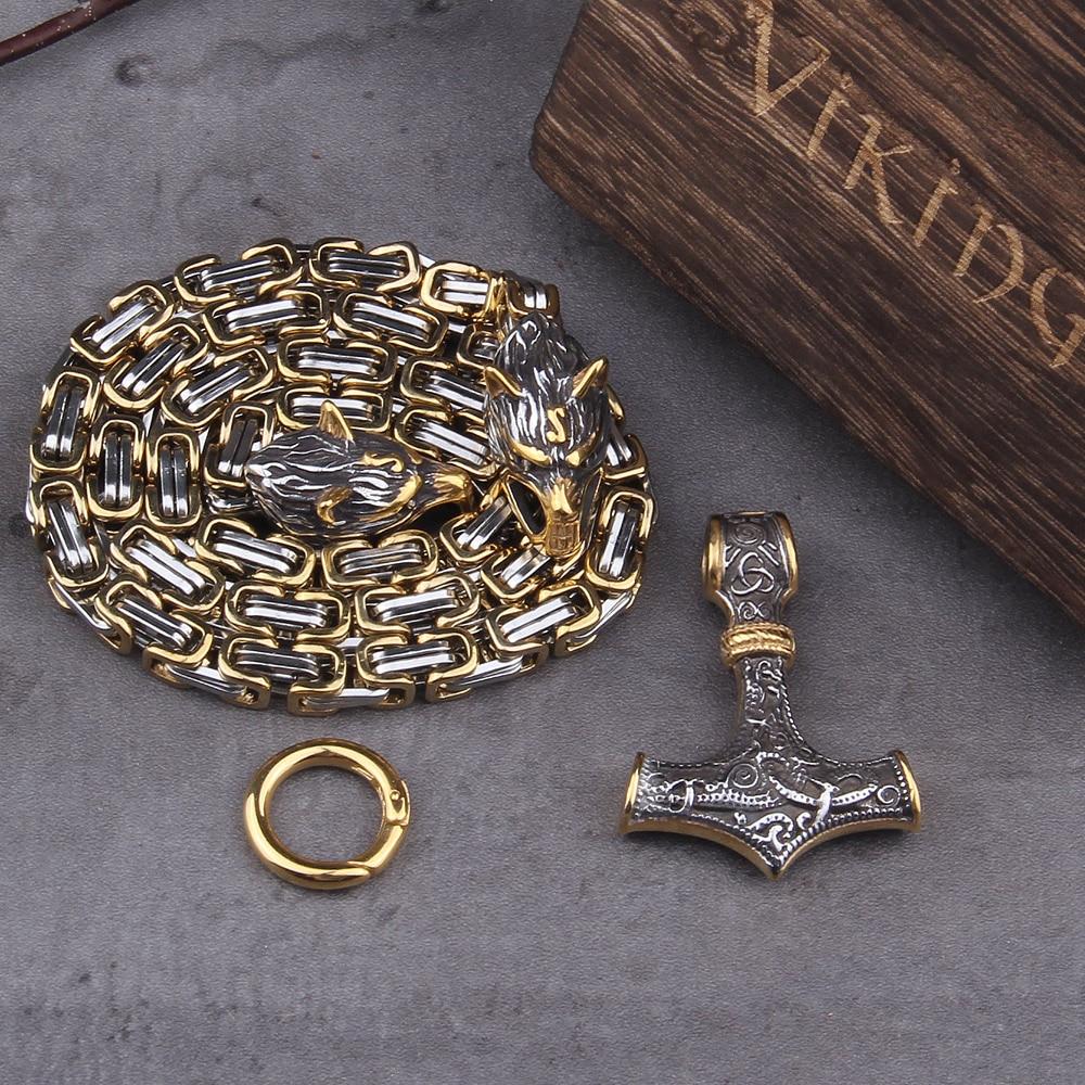 Podwójna głowa wilka ze stali nierdzewnej i naszyjnik/bransoletka Mjolnir Survival Spirit