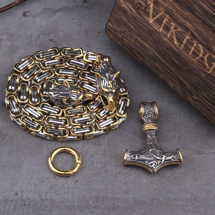 Podwójna głowa wilka ze stali nierdzewnej i naszyjnik/bransoletka Mjolnir Survival Spirit