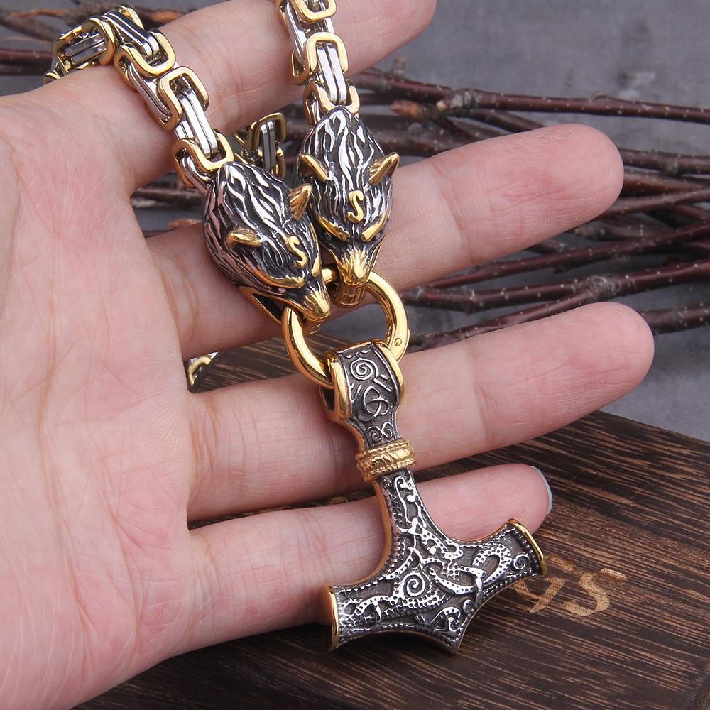 Podwójna głowa wilka ze stali nierdzewnej i naszyjnik/bransoletka Mjolnir Survival Spirit