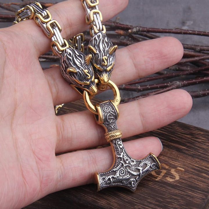 Podwójna głowa wilka ze stali nierdzewnej i naszyjnik/bransoletka Mjolnir Survival Spirit