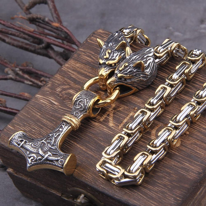 Podwójna głowa wilka ze stali nierdzewnej i naszyjnik/bransoletka Mjolnir Survival Spirit