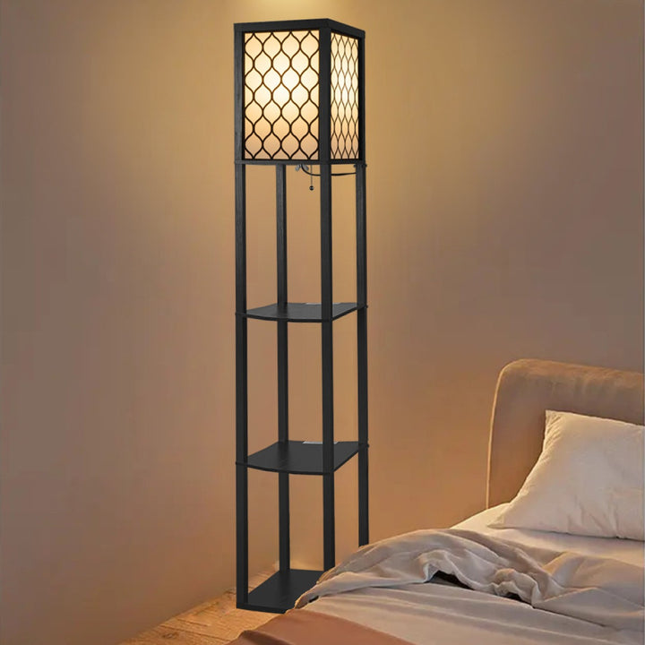 Nowoczesna Lampa Podłogowa z Trzema Półkami Drewnianymi