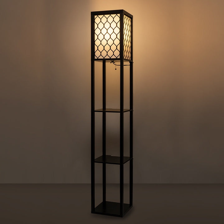 Nowoczesna Lampa Podłogowa z Trzema Półkami Drewnianymi