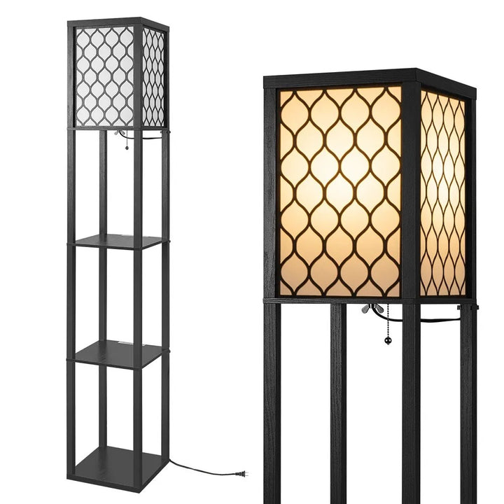 Nowoczesna Lampa Podłogowa z Trzema Półkami Drewnianymi