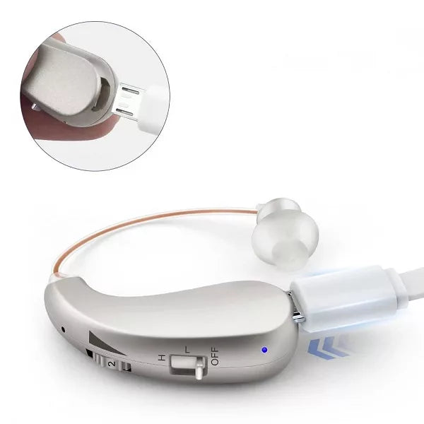 Cyfrowy aparat słuchowy, ładowany przez USB, za uchem