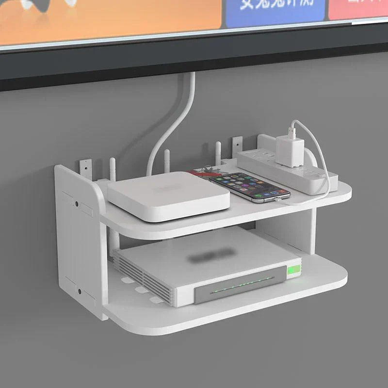 Carvallo Home | Router WLAN półka ścienna | Ukryty organizator kabli i uchwyt na gniazdka | Półka wisząca na TV-box i inne | Biała | 40×12×8 cm