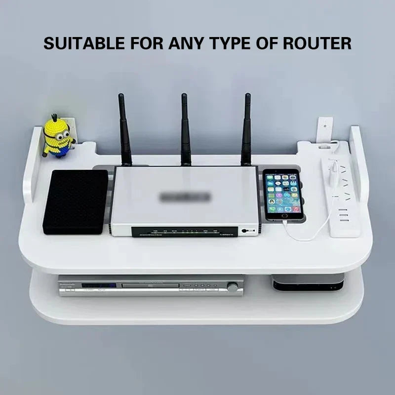 Carvallo Home | Router WLAN półka ścienna | Ukryty organizator kabli i uchwyt na gniazdka | Półka wisząca na TV-box i inne | Biała | 40×12×8 cm