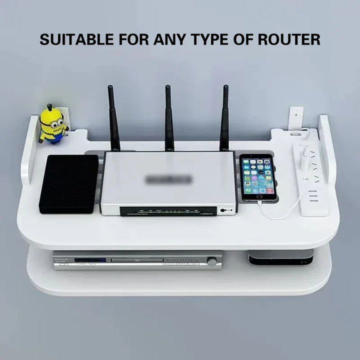 Carvallo Home | Router WLAN półka ścienna | Ukryty organizator kabli i uchwyt na gniazdka | Półka wisząca na TV-box i inne | Biała | 40×12×8 cm