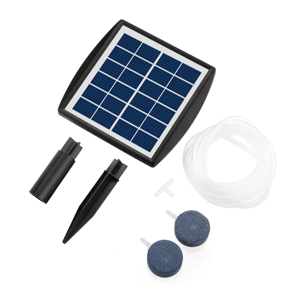 Carvallo Solarbetriven Syrepump med batteri | 6V 2W | För dammar och akvarier | Inkl. 2 luftstenar och 0,25 cm slang